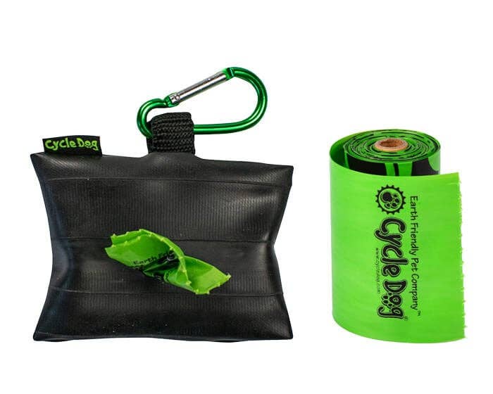 Black recycled rubber dog waste bag pouch with green carabiner and eco-friendly refill roll from Cycle Dog.