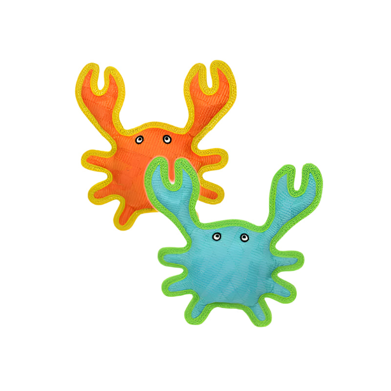Two colorful crab-shaped toys, one orange and yellow, one blue and green, on a white background.