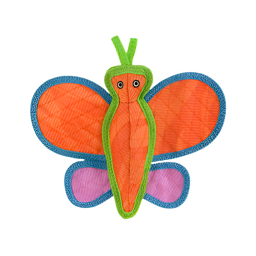 Bright orange and pink butterfly-shaped plush dog toy with reinforced seams and blue trim