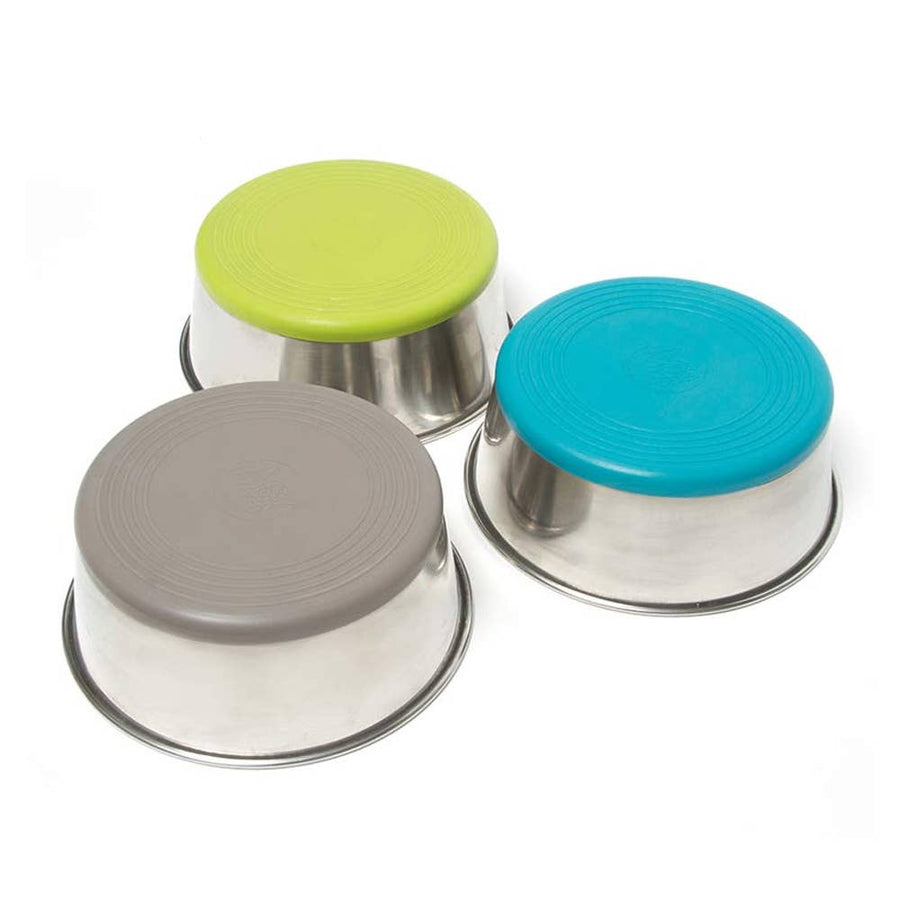 Set of three stainless steel dog bowls with non-slip silicone bases in lime green, sky blue, and gray—ideal for clean, mess-free mealtime in Washington DC pet homes.