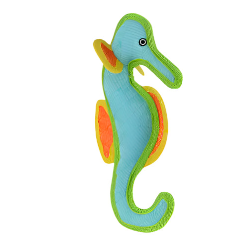 Side profile of soft seahorse dog toy in blue, green, and orange with textured fabric