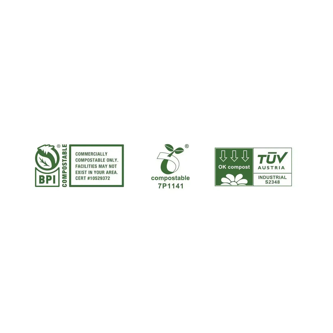Compostable certification logos including BPI, TÜV Austria Industrial, and compostable 7P1141, ensuring eco-friendly product compliance.