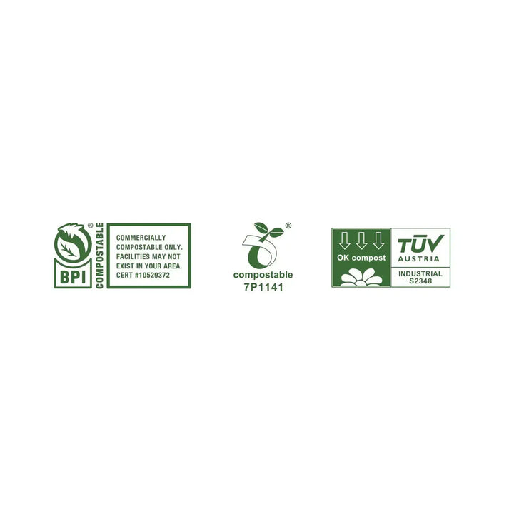 Compostable certification logos including BPI, TÜV Austria Industrial, and compostable 7P1141, ensuring eco-friendly product compliance.
