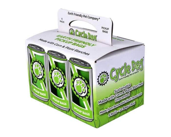 Eco-friendly Cycle Dog poop bags in green packaging, made with corn and plant starches, 6-roll pack for sustainable dog waste disposal.