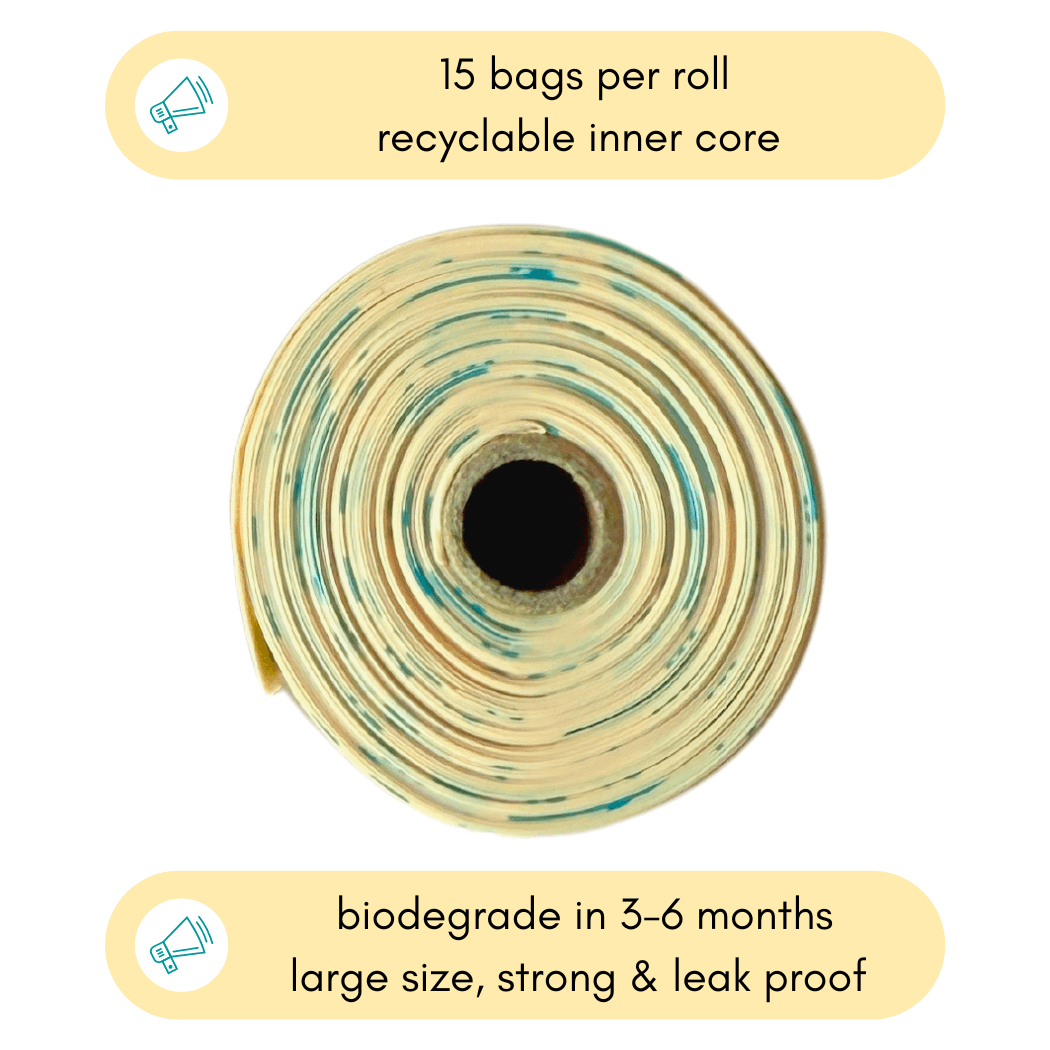Roll of compostable dog waste bags with a recyclable core, featuring 15 bags per roll, biodegradable in 3-6 months, strong and leak-proof.