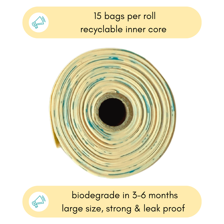 Roll of compostable dog waste bags with a recyclable core, featuring 15 bags per roll, biodegradable in 3-6 months, strong and leak-proof.