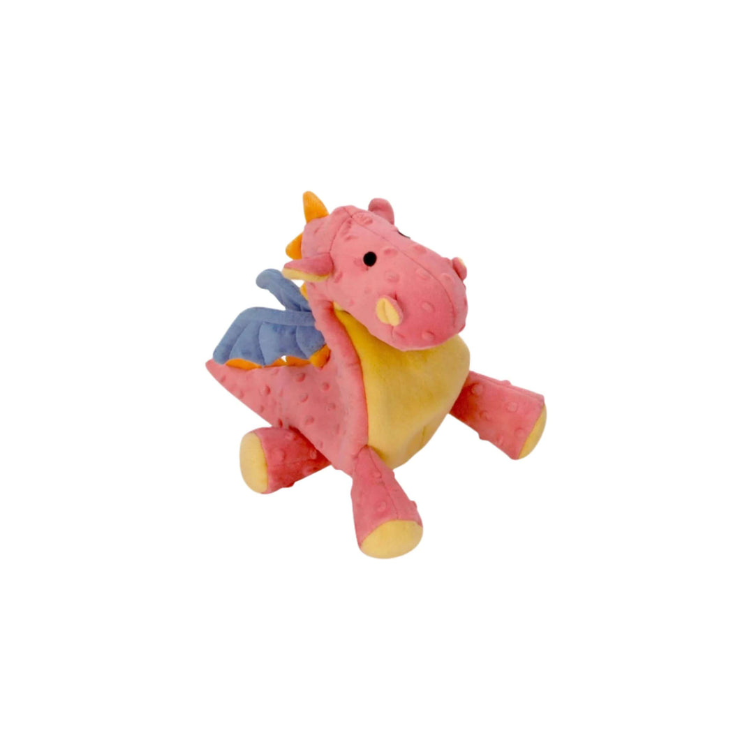 Coral pink plush dragon dog toy with yellow belly and blue wings, soft squeaky toy for small and medium dogs