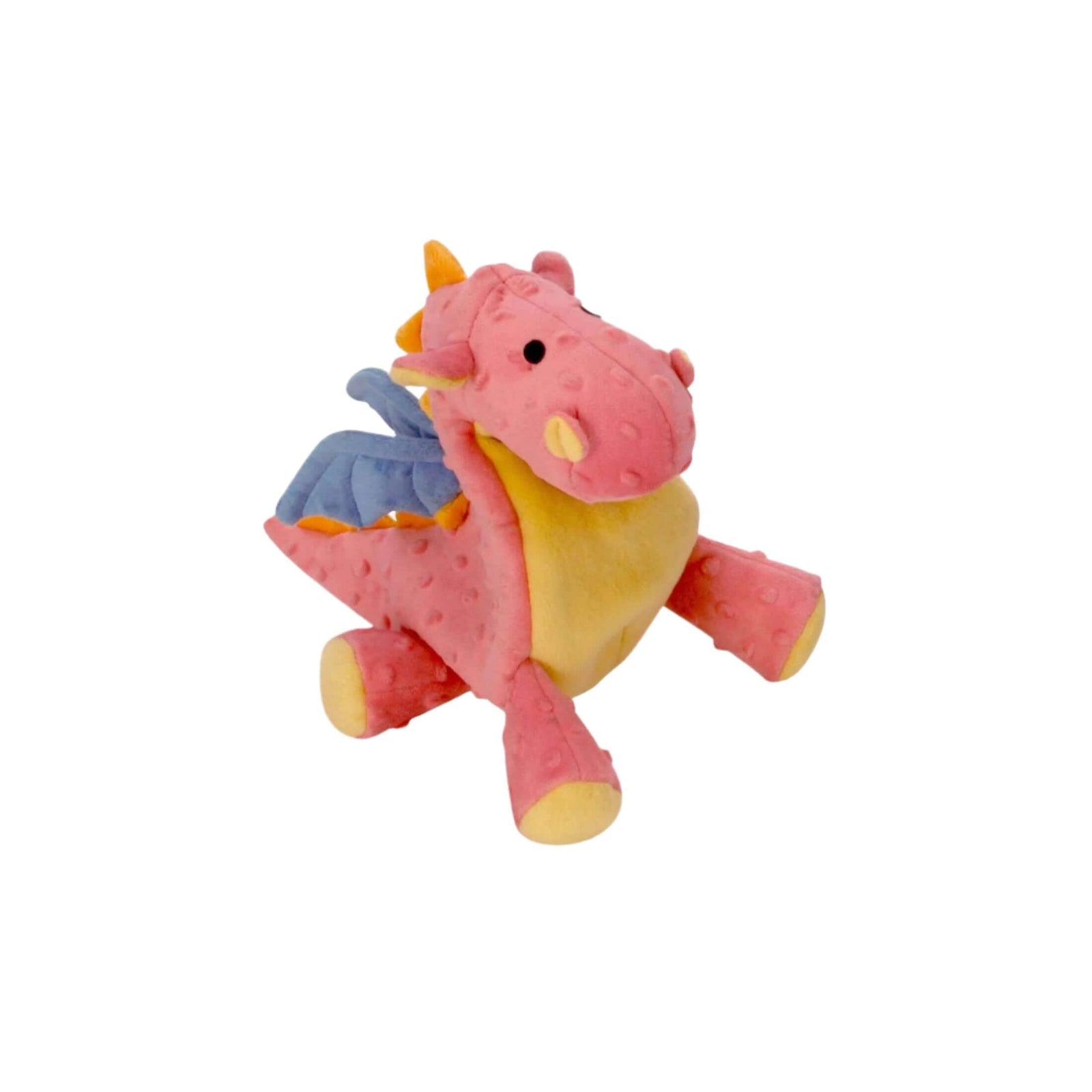 Coral pink plush dragon dog toy with yellow belly and blue wings, soft squeaky toy for small and medium dogs