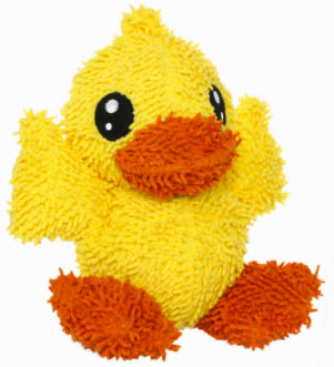 Large microfiber duck dog toy in yellow and orange, designed for gentle play.