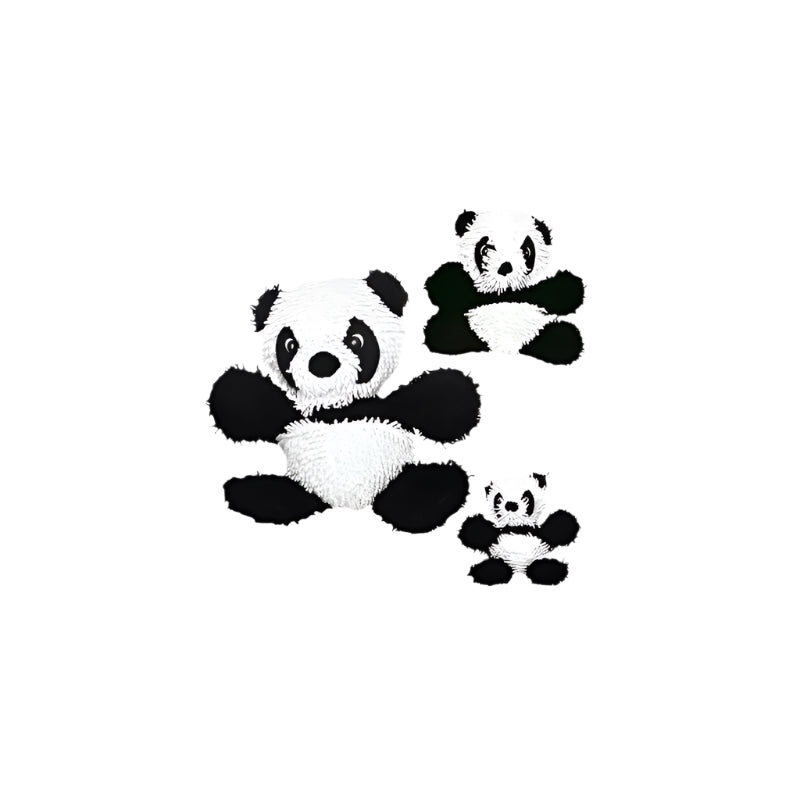 Three plush panda dog toys in small, medium, and large sizes, ideal for gentle chewers and cuddle play – soft black and white stuffed animal design.
