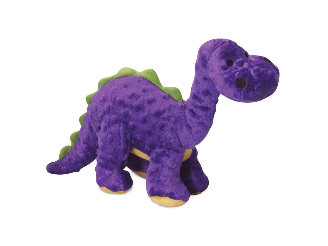 Purple plush dinosaur dog toy with green spikes and yellow feet – durable squeaky chew toy for medium to large dogs