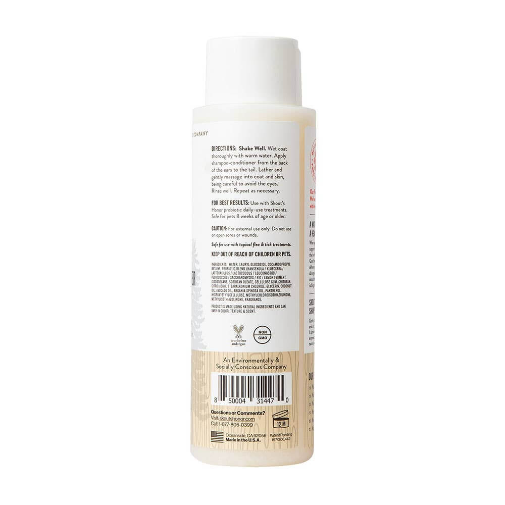 Skout’s Honor Probiotic Dog Shampoo and Conditioner back label with usage directions, ingredients, and safety warnings for sensitive skin care