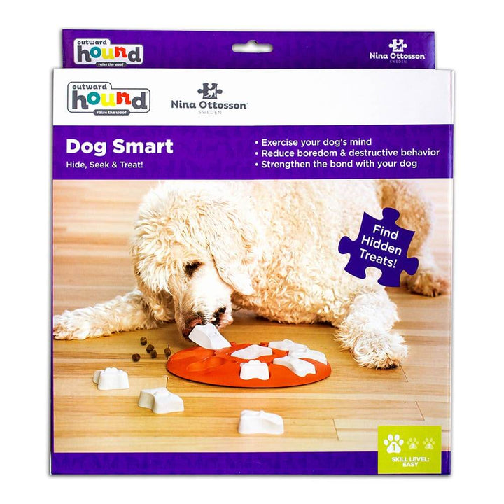 Medium-sized dog using paw to uncover hidden treats in the Dog Smart bone puzzle—ideal for training, boredom relief, and beginner enrichment.