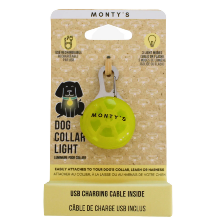 A USB rechargeable flashing dog collar/harness light in yellow color, packaged on a card with product details. The light is shown attached to a collar, indicating its use and USB charging feature.