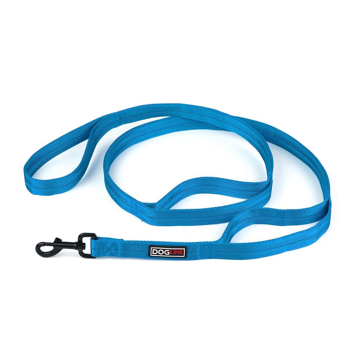 Blue dog leash with a black clip on a white background