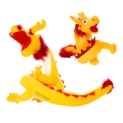 Two angles of the yellow and red plush dragon dog toy showing detailed face, long coiled tail, and soft fabric texture.