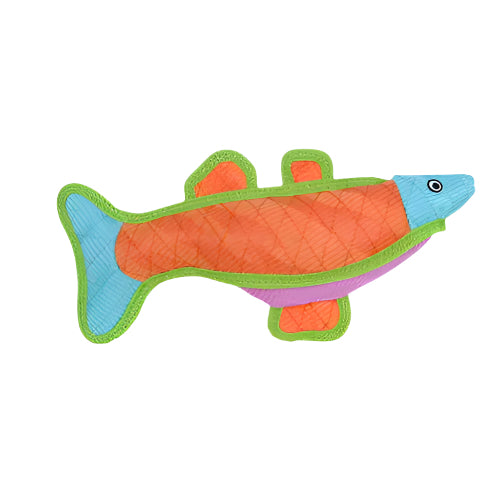 Durable fish-shaped dog toy with orange, blue, and green stitched layers for fetch or tug play