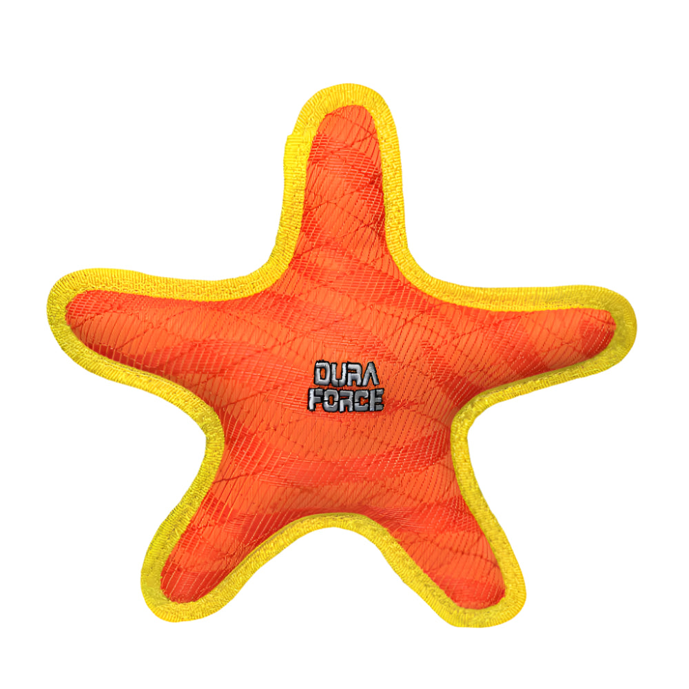 Bright orange starfish-shaped durable dog toy with yellow trim, labeled DuraForce.