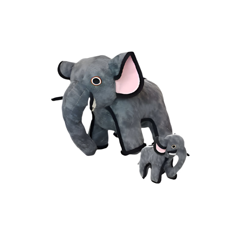 Plush elephant dog toys in two sizes, made with reinforced seams and soft gray fabric, designed for interactive play.