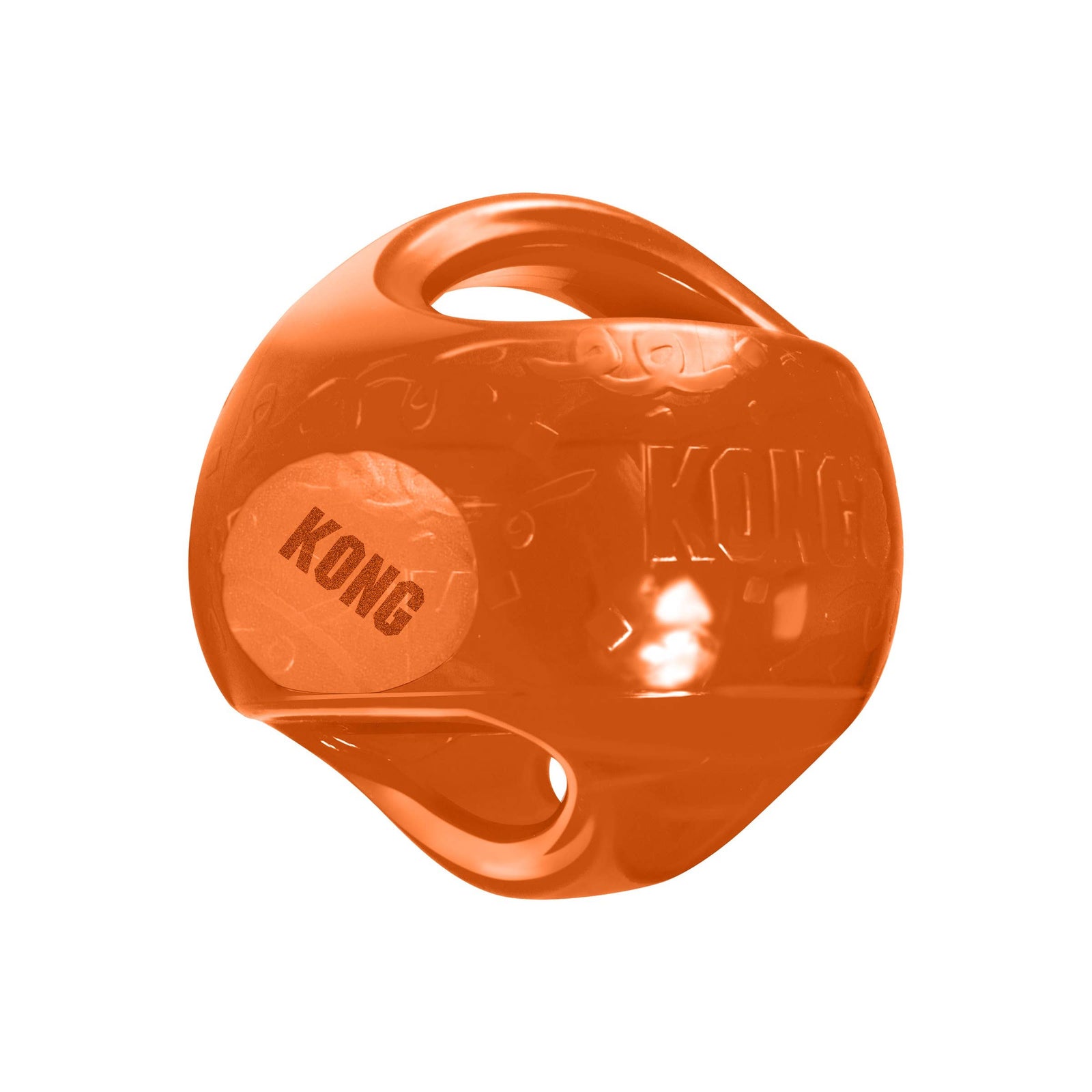 Orange KONG Jumbler ball dog toy with built-in tennis ball and handles for fetch and squeaky play