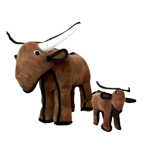 Set of two plush longhorn dog toys in brown with white horns, small and large sizes on white background