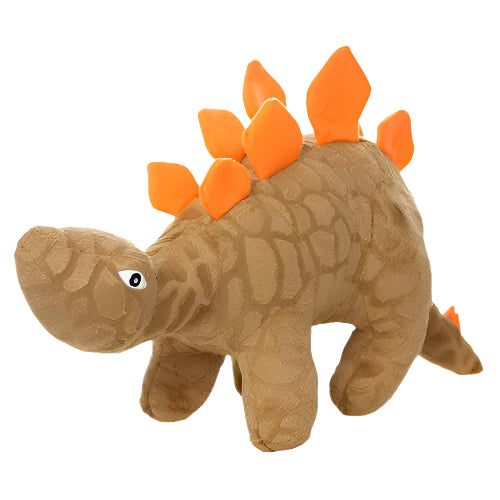 Plush dinosaur dog toy with orange fabric spikes on brown textured body, shown on white background.