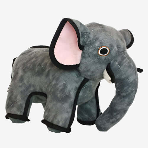 Plush gray elephant dog toy with black trim and pink inner ears, designed for durability and interactive pet play.