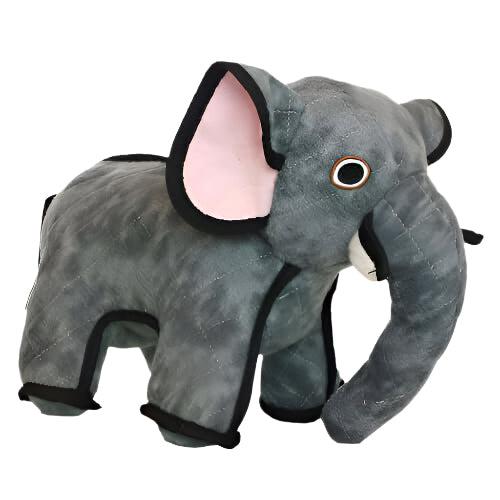Plush gray elephant dog toy with black trim and pink inner ears, designed for durability and interactive pet play.