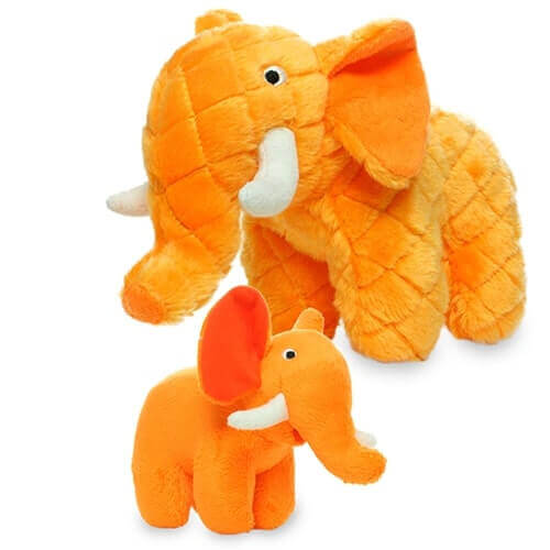 Two plush elephant-shaped dog toys, one larger and one smaller, with orange bodies, white tusks, and embroidered eyes. Designed for durable play.