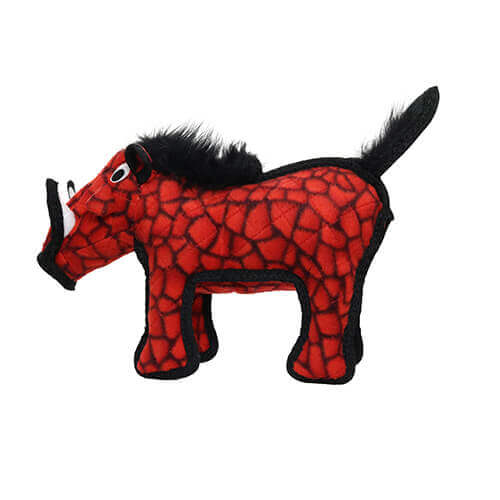 Side view of red Tuffy Desert Series warthog dog toy with black tail and tusks – tough plush for dogs