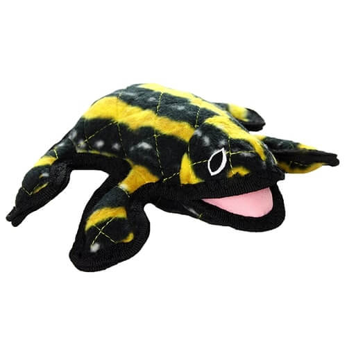 Tuffy Sea Creature dog toy shaped like a yellow and black stingray with reinforced stitching and soft plush fabric
