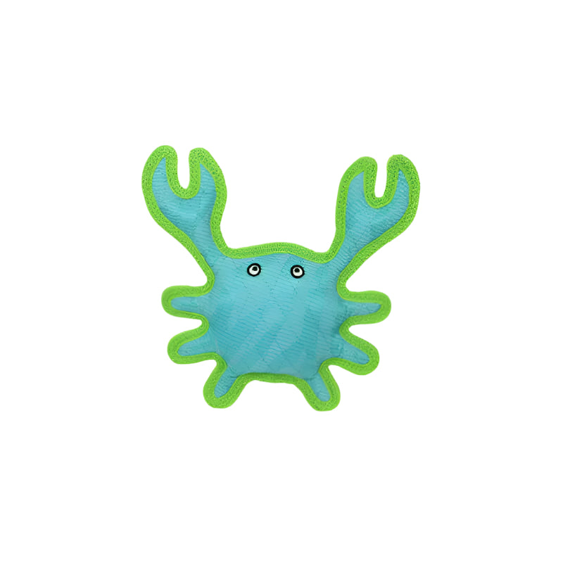 Blue and green crab-shaped dog toy on a white background