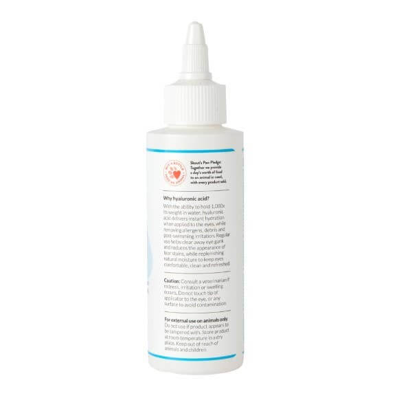 Back of Skout’s Honor Eye Wash bottle showing directions for flushing and daily use on dogs and cats.
