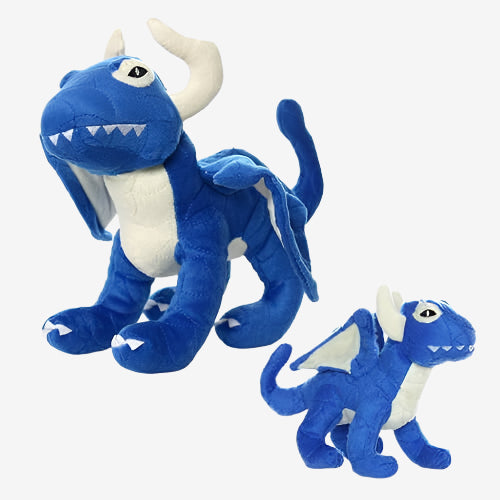 Pair of blue fantasy dragon dog toys with horns and wings on plain background