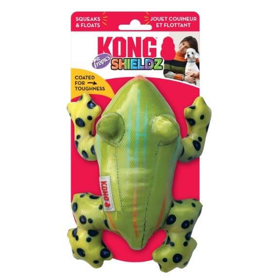 KONG Shieldz Tropics Frog dog toy in retail packaging—floats, squeaks, and coated for toughness.