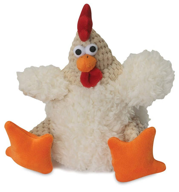 Plush chicken-shaped dog toy with soft white body, orange feet, and red comb, ideal for interactive play for dogs in Washington DC.