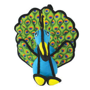 Front view of a peacock-shaped dog toy with a detailed blue body, vibrant green feathered tail with bold patterns, and reinforced stitching for durability and fun.