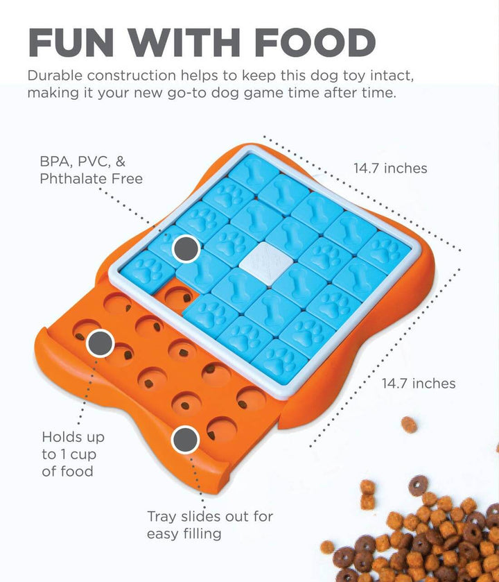 Challenge Slider dog puzzle shown open with labeled features—holds up to 1 cup of food, BPA-free, and slides open for treat loading.