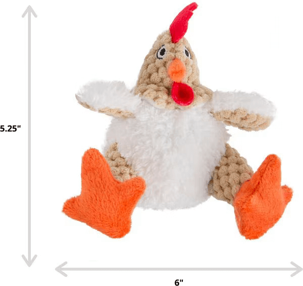 Plush chicken dog toy with orange feet and red comb, shown front-facing with dimensions 6 inches wide by 5.25 inches tall – great for small and medium dogs in Washington DC.