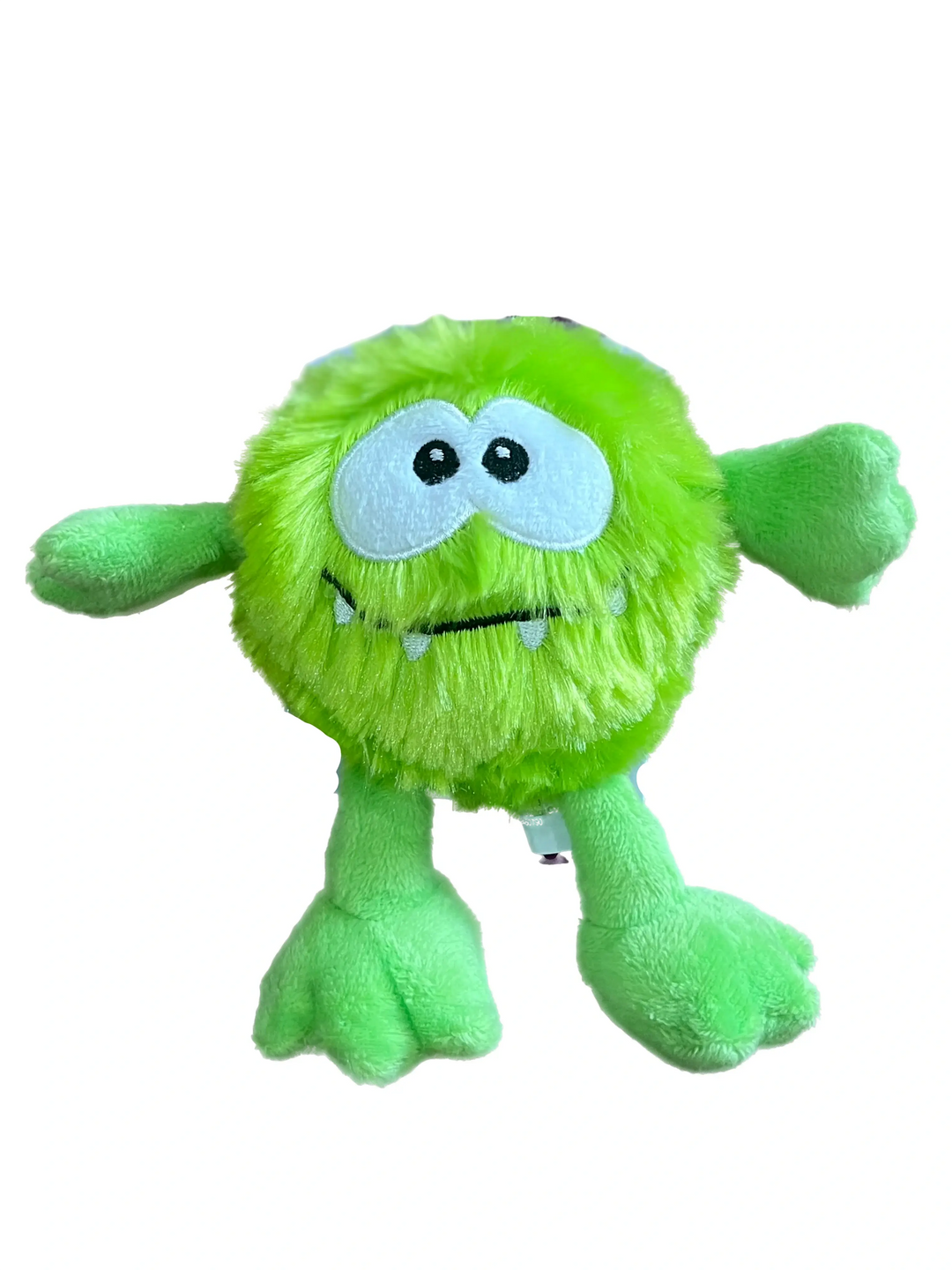 Green plush toy with a happy expression on a white background
