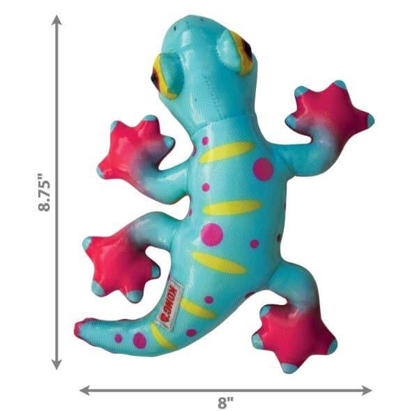 KONG Shieldz Gecko dog toy measuring 8.75 inches long by 8 inches wide—durable, waterproof, and ideal for medium to large dogs.