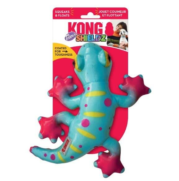 KONG Shieldz Tropics Gecko dog toy in packaging—coated for durability, floats in water, and squeaks for playtime fun.