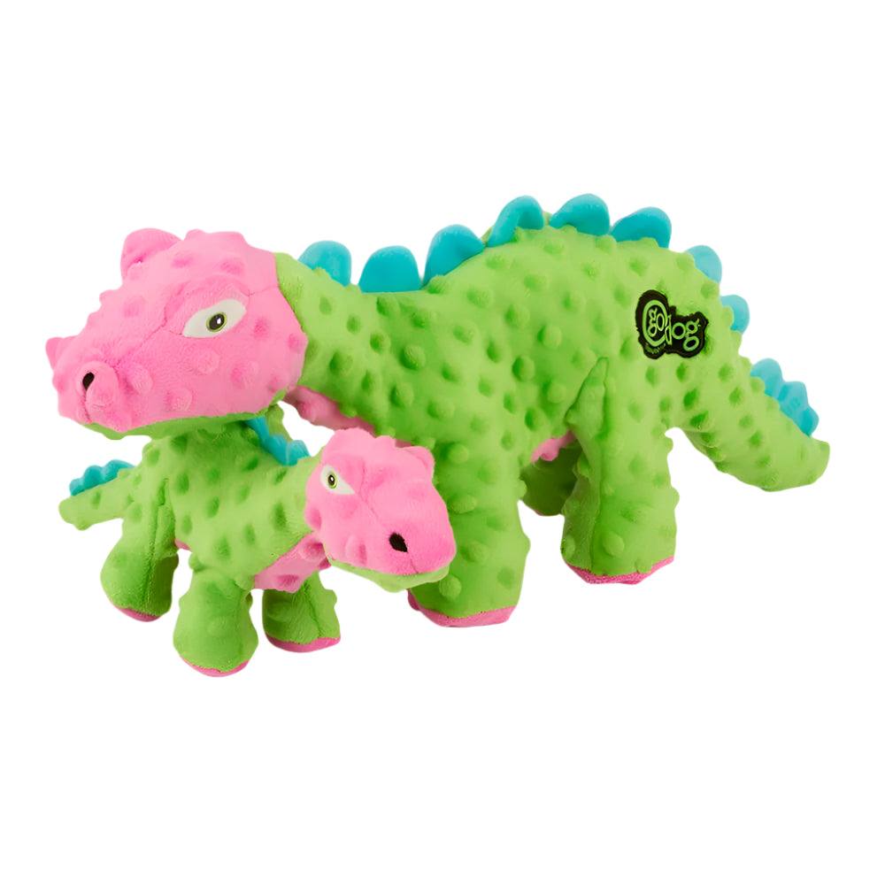Bright green and pink dinosaur plush dog toy with textured surface and blue spine, GoDog durable chew toy for all dog sizes.