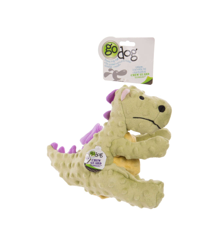 GoDog green dragon plush dog toy with Chew Guard Technology tag, featuring purple spikes and belly detail