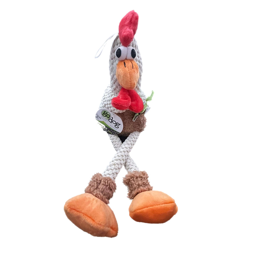 Plush rooster toy with a rope on a white background