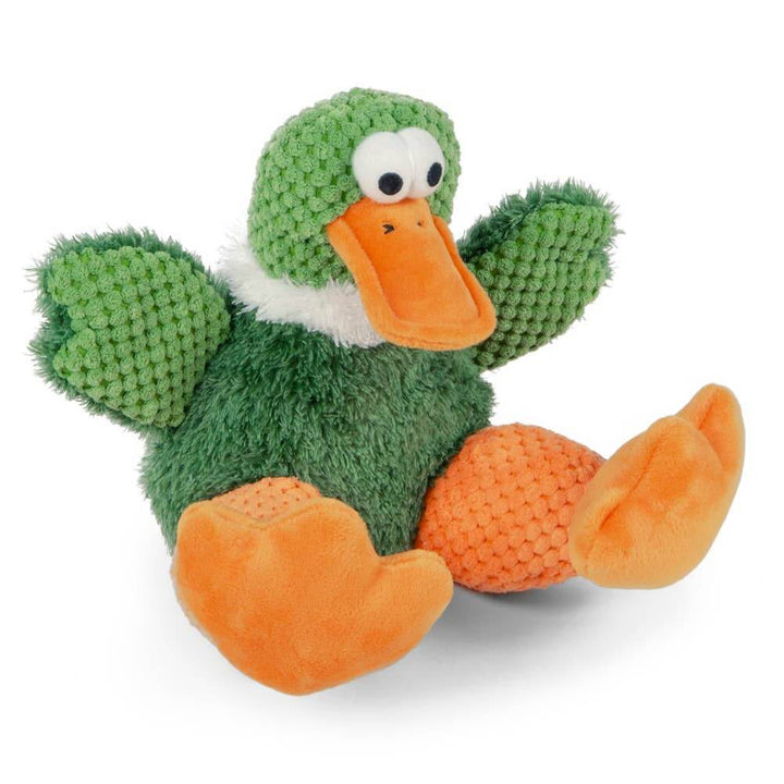 Green and orange plush duck toy on a white background