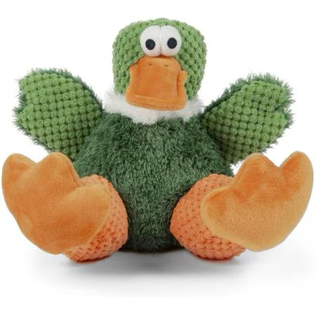 Godog duck plush dog toy with soft green textured fabric, orange feet and beak, durable squeaky dog toy for interactive play and cuddling.