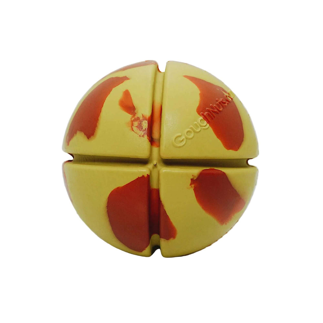 A yellow four-piece stress toy ball with red abstract shapes and the brand name 'Gough-Nielsen' embossed on one section, photographed on a white background.