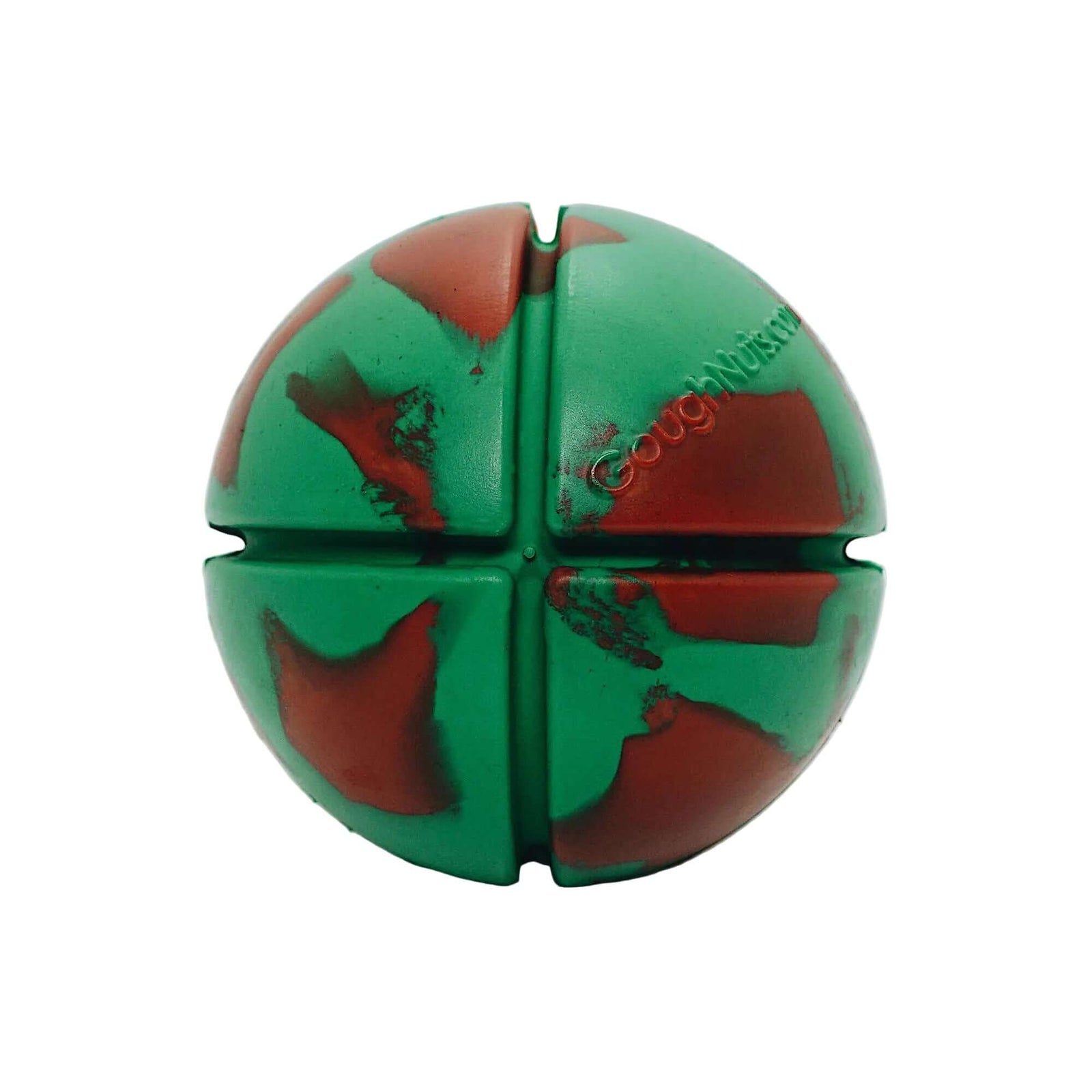A split rubber ball toy with a green and red marbled pattern, featuring four quadrants and the embossed brand name 'COUGARWEAR' on one side, set against a plain light gray background.