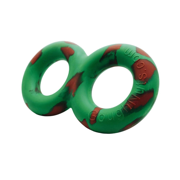 Green and red dog toy on a white background